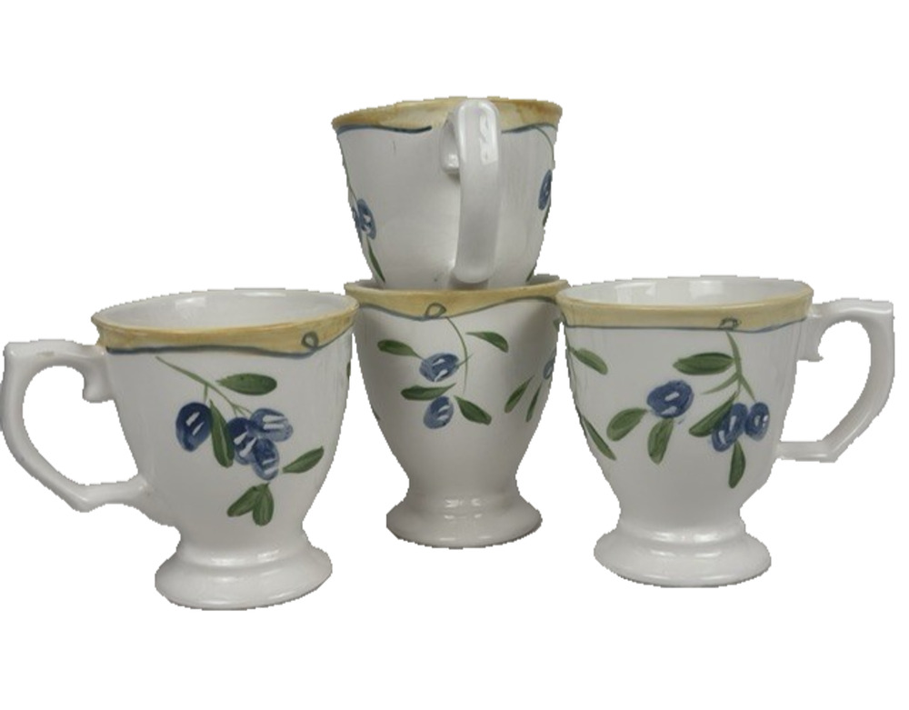 Farberware Grove Mug / Cup Set of 4 Stoneware, Tan Edge, Blue Olives VTG